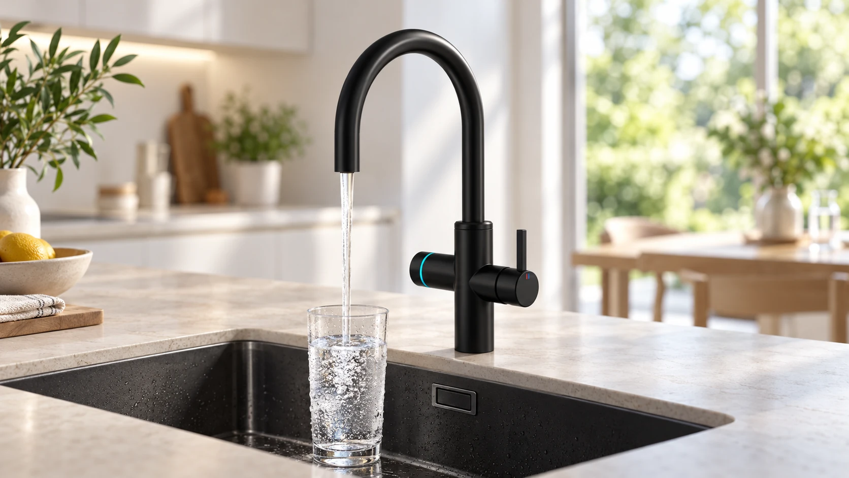 Visualisierung einer schwarzen Küchenarmatur mit einem Glas frischem Wasser