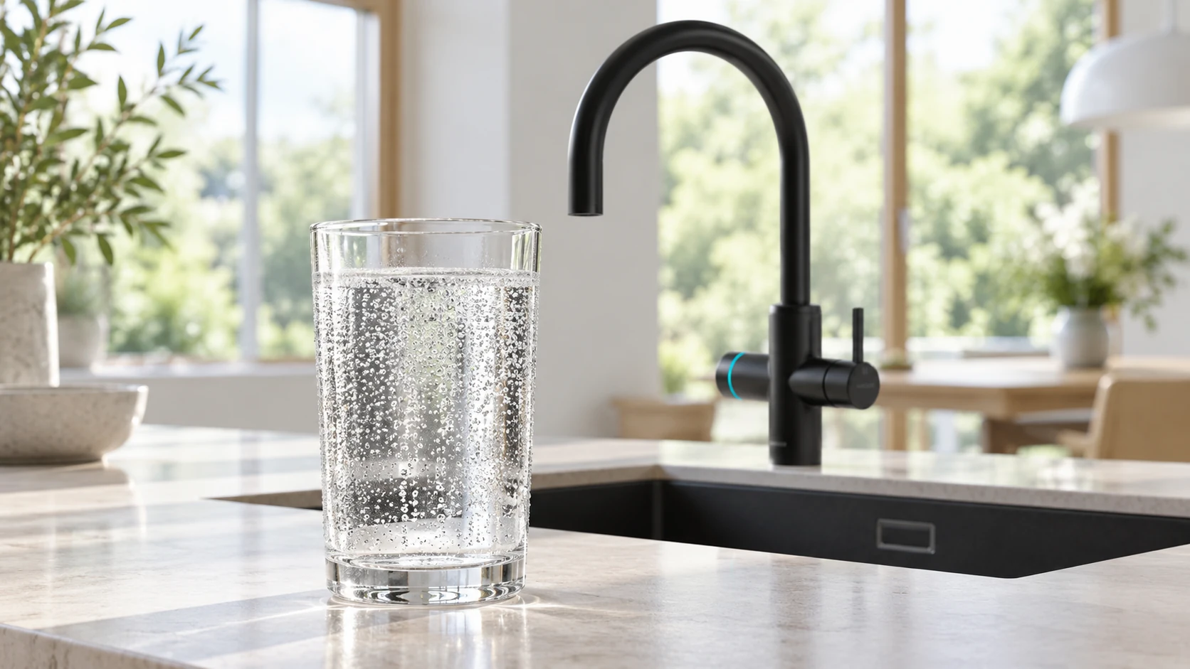 Visualisierung eines Wasserglases mit Kohlensäurebläschen neben einer Küchenarmatur
